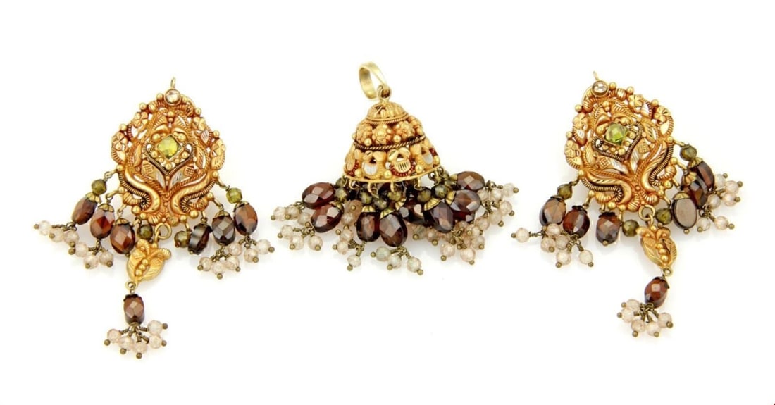 Vintage 20K Gold Pendant and Dangle Earrings Set with Multicolor Gemstones: Vintage 20K Gold Pendant and Dangle Earrings Set with Multicolor Gemstones This vintage estate jewelry set includes a matching dangle earring and pendant set crafted in 20k gold. It features multi col