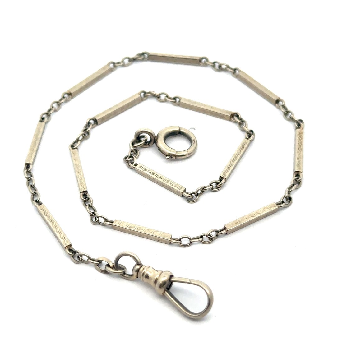 Antique Art Deco 14k White Gold Engraved Pocket Watch Chain 14 Inches: Antique Art Deco 14k White Gold Engraved Pocket Watch Chain 14 Inches This exquisite antique Art Deco pocket watch chain link is crafted from solid 14k white gold, featuring a beautifully engraved squ