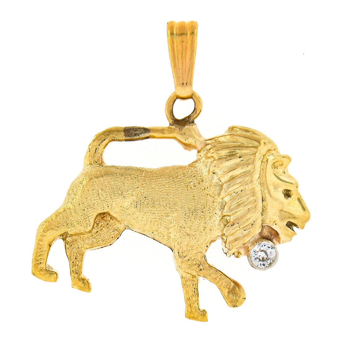 14K Yellow Gold Lion Charm Pendant with Bezel Set Diamond: 14K Yellow Gold Lion Charm Pendant with Bezel Set Diamond Vintage original lion charm pendant crafted in solid 14k yellow gold with a textured detailed design. It features one natural round old Europe