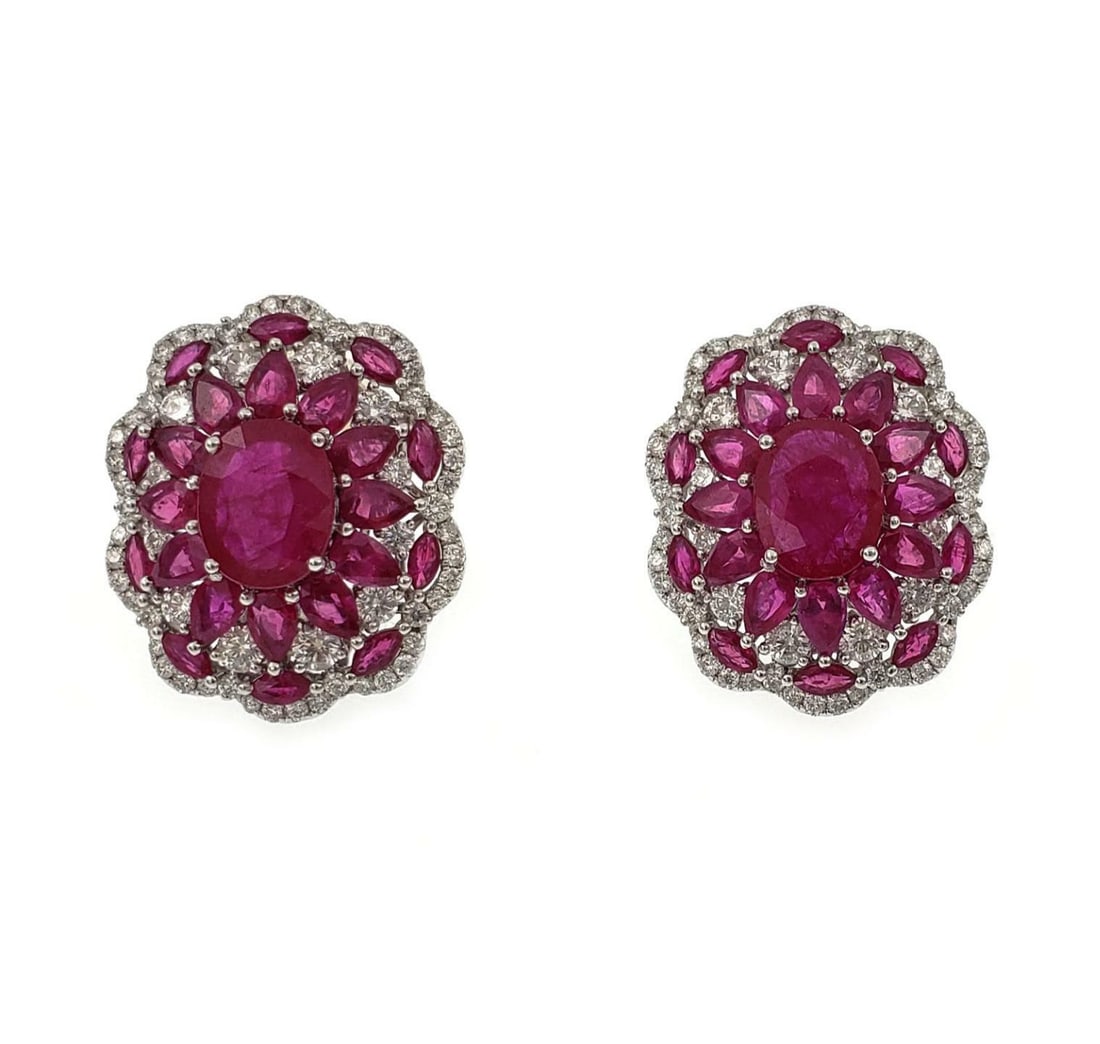 Estate Floral Design 14.90ct Ruby Diamond Earrings 18k White Gold: Estate Floral Design 14.90ct Ruby Diamond Earrings 18k White Gold This stunning pair of Estate earrings showcases a beautiful floral design, expertly crafted from 18k white gold with a polished finish