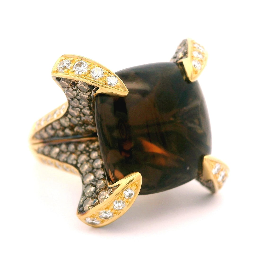 18K Yellow Gold 21ctw Smoky Quartz and Diamond Cocktail Ring: 18K Yellow Gold 21ctw Smoky Quartz and Diamond Cocktail Ring This stunning cocktail ring features a captivating natural genuine smoky quartz in a cushion cabochon cut, measuring approximately 16.5x16.