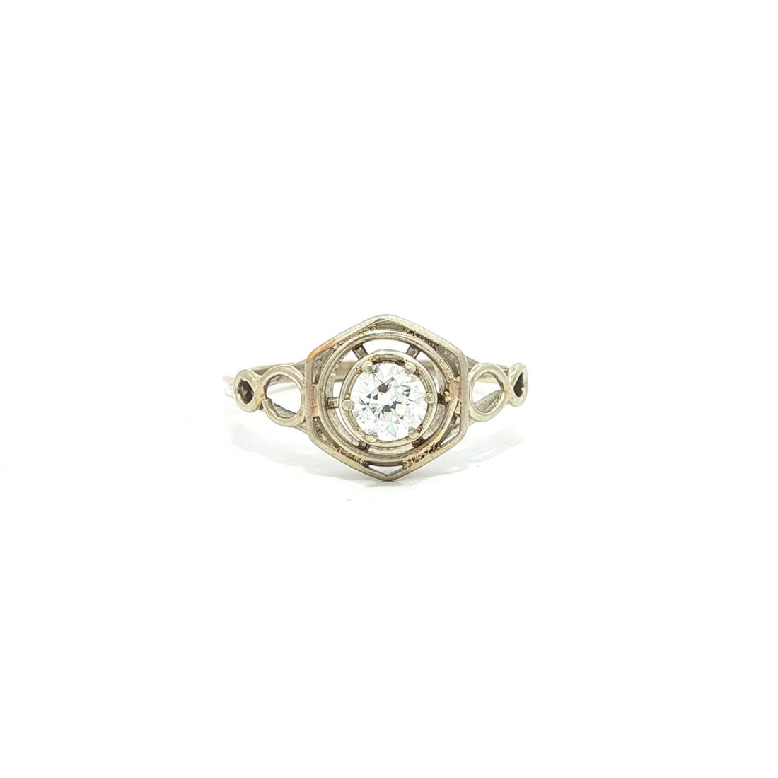 Antique Art Deco 0.35ct Old European Diamond Open Wire Work Ring in White Gold: Antique Art Deco 0.35ct Old European Diamond Open Wire Work Ring in White Gold This exquisite Antique Art Deco ring showcases a stunning handmade design crafted from solid 13-14k white gold. The cente