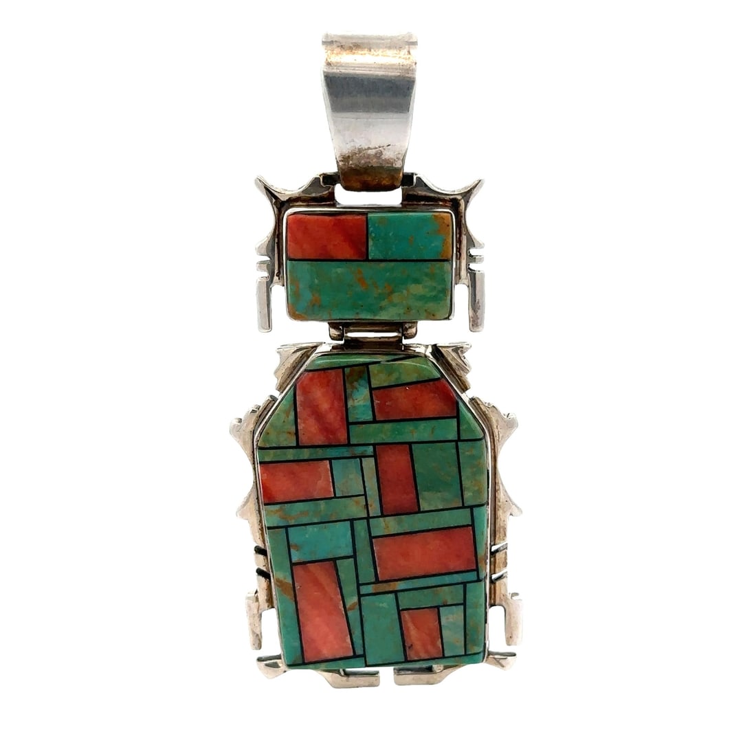 Navajo Melvin Cleveland Sterling Silver Turquoise Coral Inlaid Pendant: Navajo Melvin Cleveland Sterling Silver Turquoise Coral Inlaid Pendant This exquisite pendant features a stunning mosaic inlay design crafted by the renowned Navajo artist Melvin Cleveland. The piece 