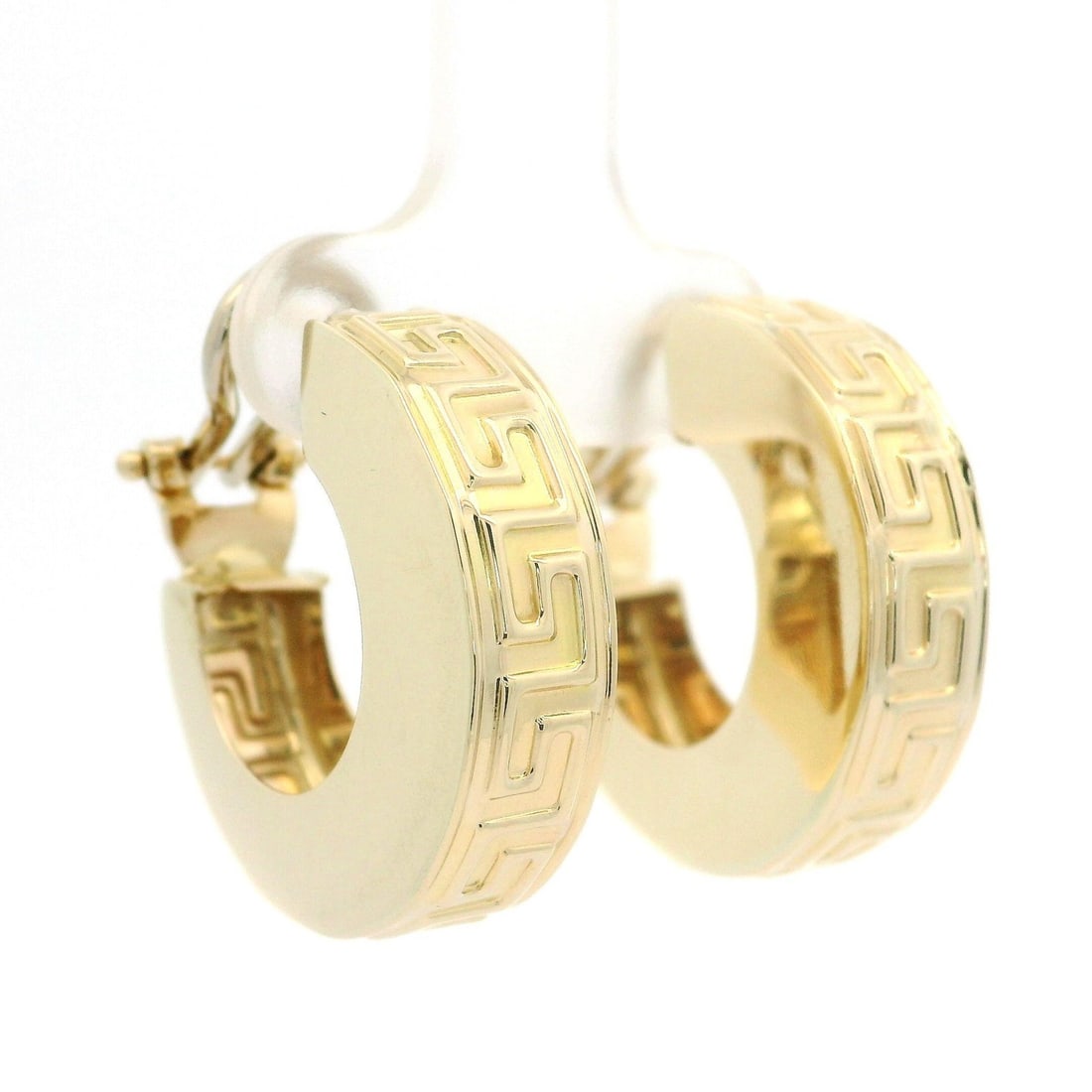 14k Yellow Gold Greek Key Huggie Hoop Omega Earrings: 14k Yellow Gold Greek Key Huggie Hoop Omega Earrings Elevate your style with these Solid 14k Yellow Gold Greek Key Pattern Huggie Hoop Omega Earrings. Crafted from solid 14k yellow gold, these earring
