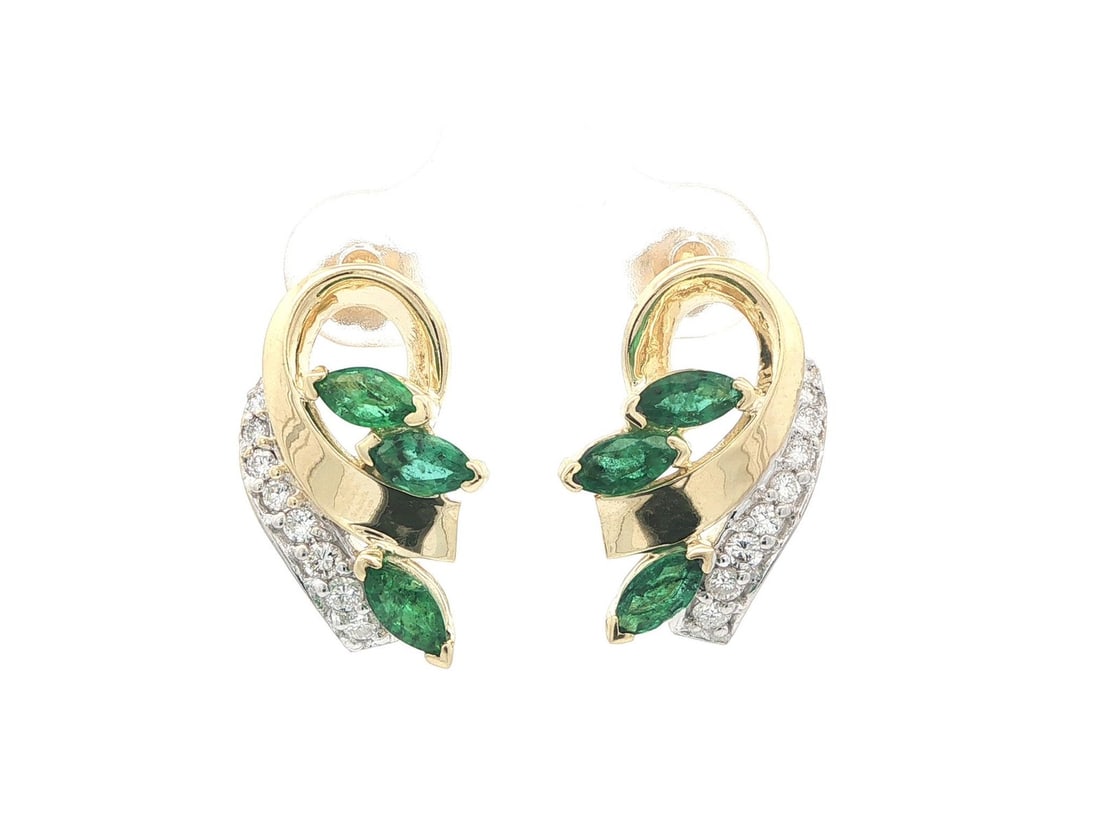 Dangle Earrings 14k Yellow White Gold Marquise Emeralds Diamonds 1.67ctw: Dangle Earrings 14k Yellow White Gold Marquise Emeralds Diamonds 1.67ctw These elegant dangle earrings feature a ribbon drop design crafted from solid 14k yellow and white gold. Each earring is adorne