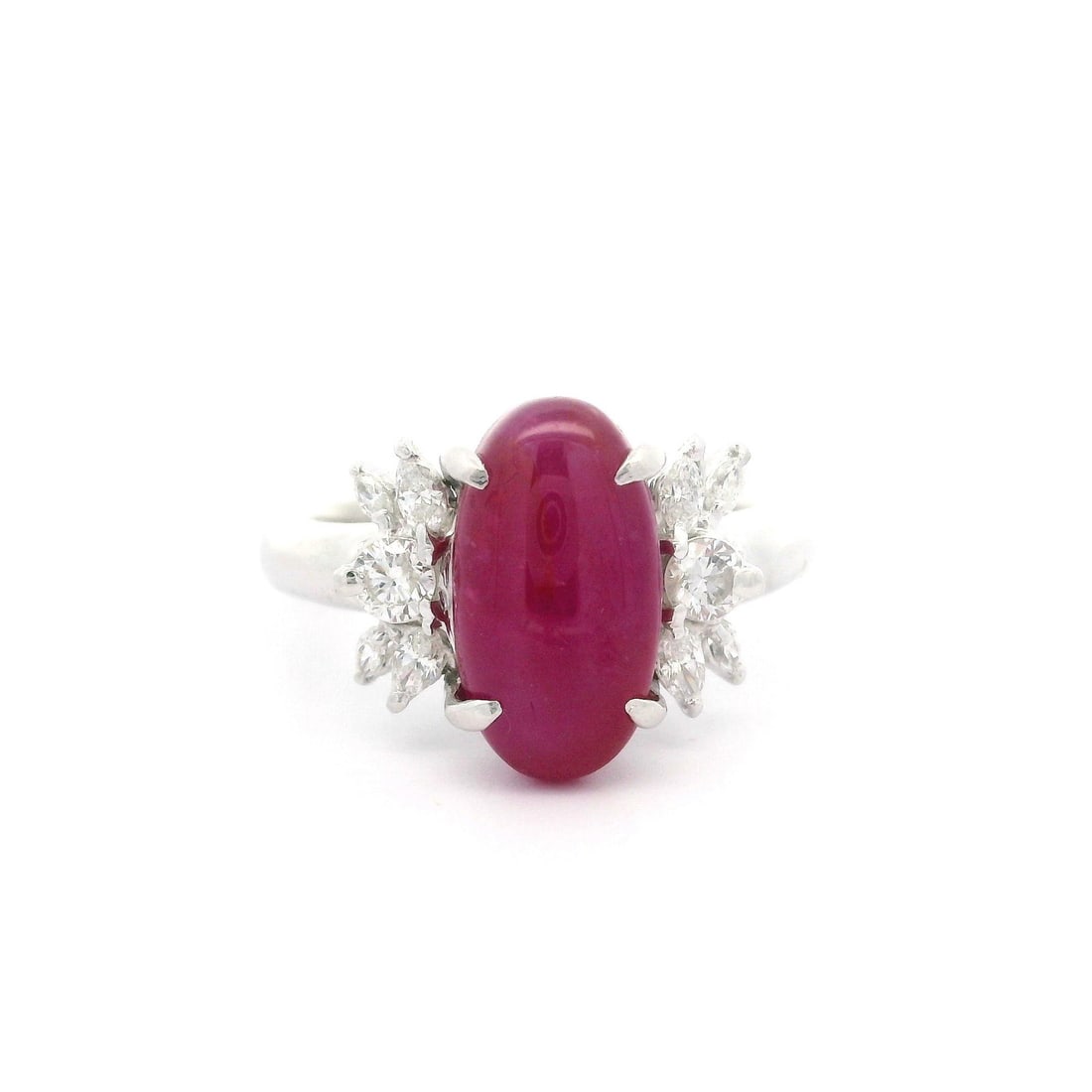 Vintage GIA Certified 4.49ctw No Heat Star Ruby Diamond Cocktail Ring in Platinum: Vintage GIA Certified 4.49ctw No Heat Star Ruby Diamond Cocktail Ring in Platinum This elegant vintage cocktail ring showcases a stunning natural star ruby, featuring a beautiful oval double cabochon 