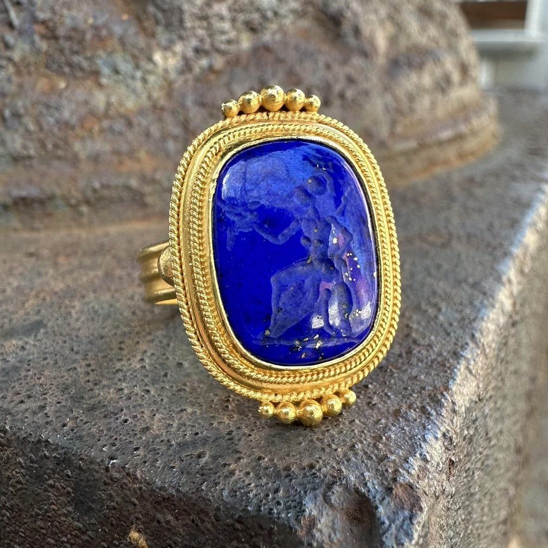 Greek 22k Gold Signet Ring with Carved Lapis Intaglio (1 of 12)