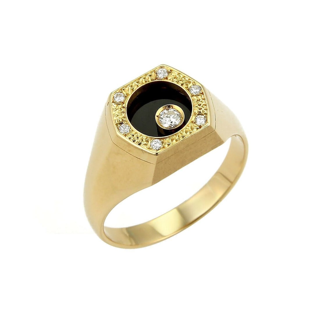 Waltham Octagon Ring 18k Yellow Gold Black Onyx Rotating Diamond Size 13: Waltham Octagon Ring 18k Yellow Gold Black Onyx Rotating Diamond Size 13 A pre-owned Waltham fine jewelry ring in an octagon design, crafted in 18k yellow gold and featuring natural diamonds and black