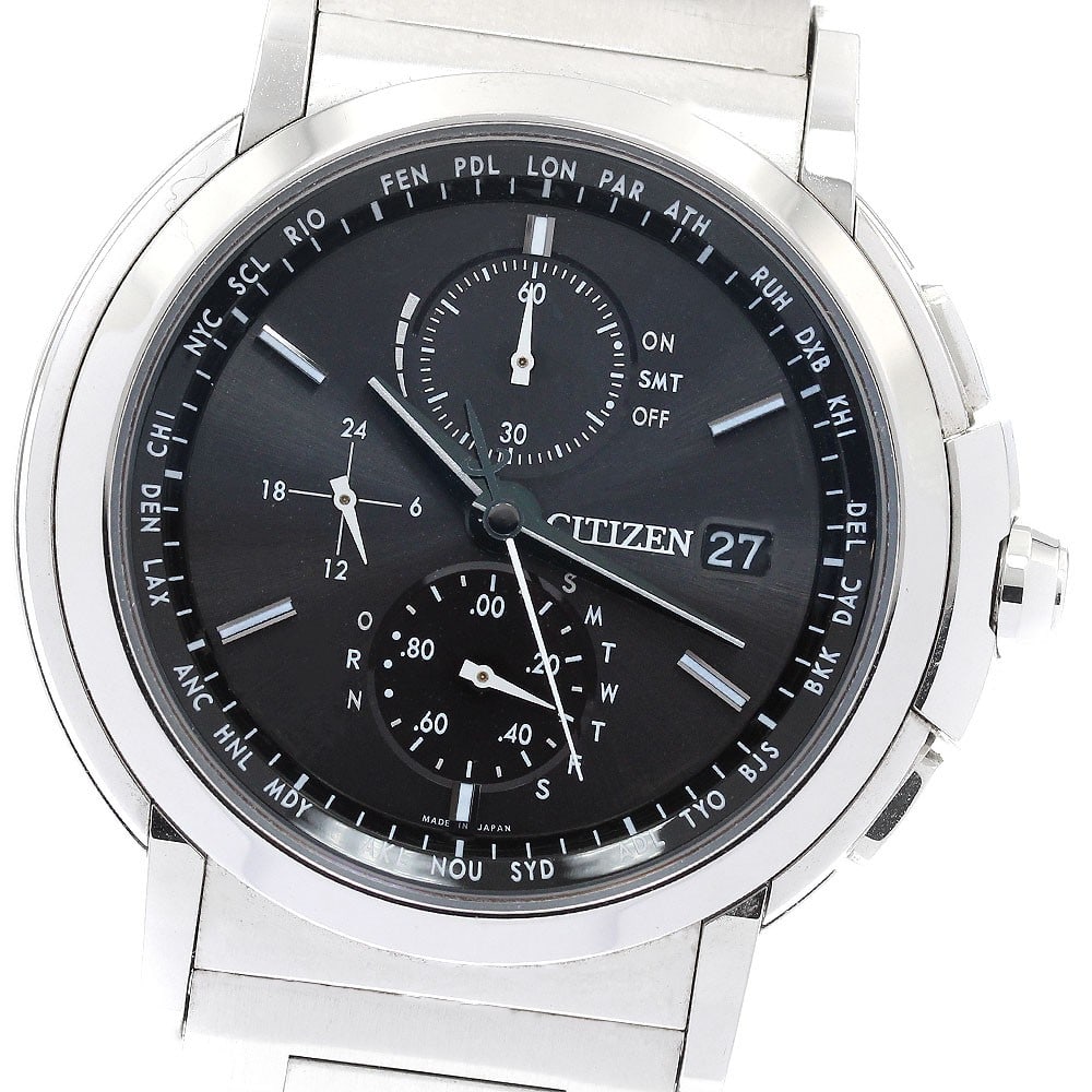 Citizen Eco-Drive Direct Flight stainless steel men's chronograph watch: Citizen Eco-Drive Direct Flight stainless steel men's chronograph watch This Citizen AT8080-52E/H800-T019960 Eco-Drive men's wristwatch features a stainless steel case and bracelet with a black dial. 