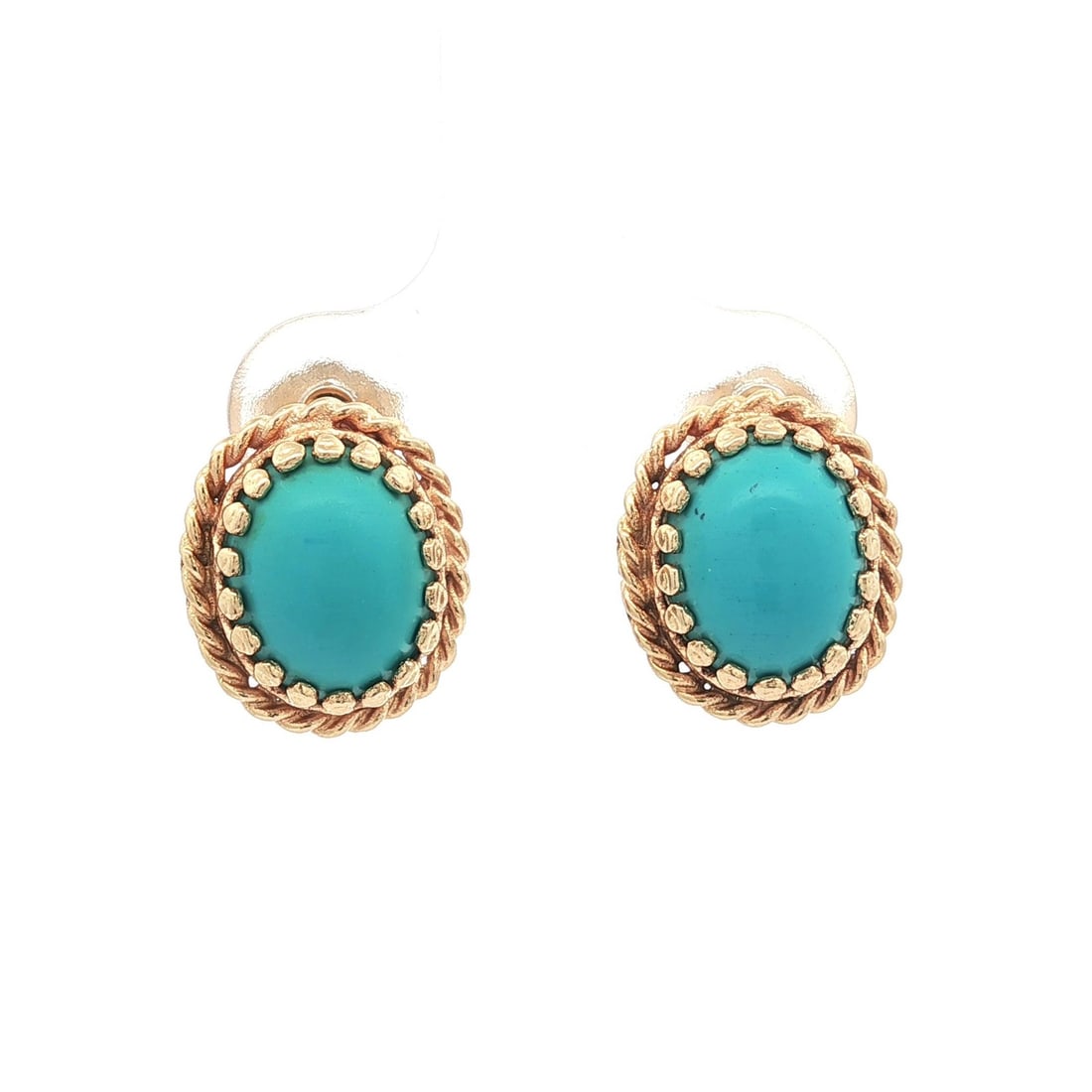 14k Yellow Gold Twisted Wire Frame Turquoise Stud Earrings: 14k Yellow Gold Twisted Wire Frame Turquoise Stud Earrings Discover elegance with these stunning stud earrings featuring natural turquoise stones. Crafted from solid 14k yellow gold, each earring show