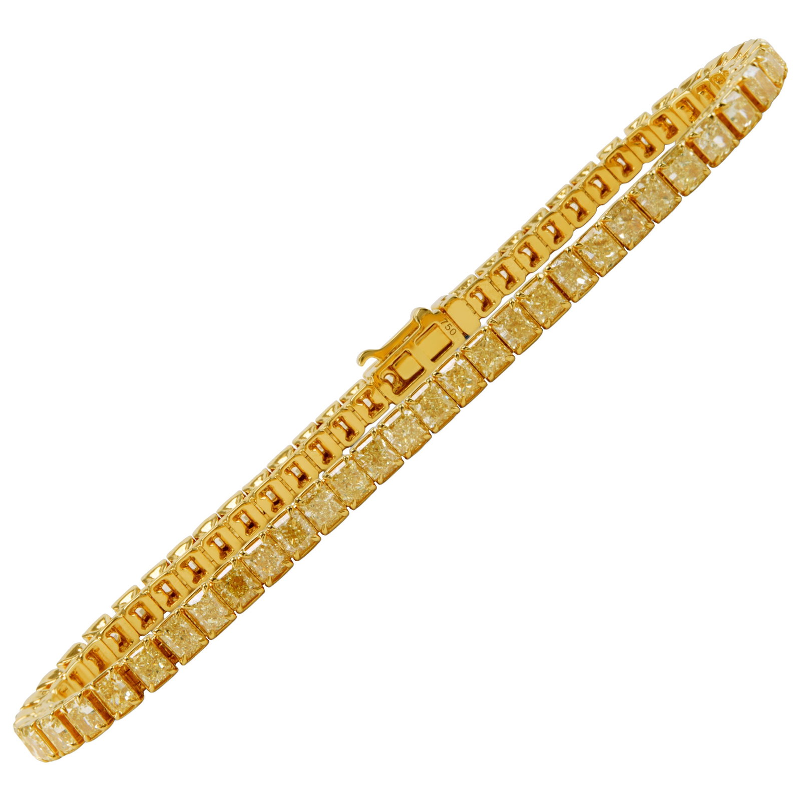18k Yellow Diamond Tennis Bracelet 9.86ct: 18k Yellow Diamond Tennis Bracelet 9.86ct Stunning contemporary tennis bracelet featuring 61 radiant cut natural yellow diamonds totaling 9.86 ct. Crafted in 18k gold, with a 7 in length. Place of ori