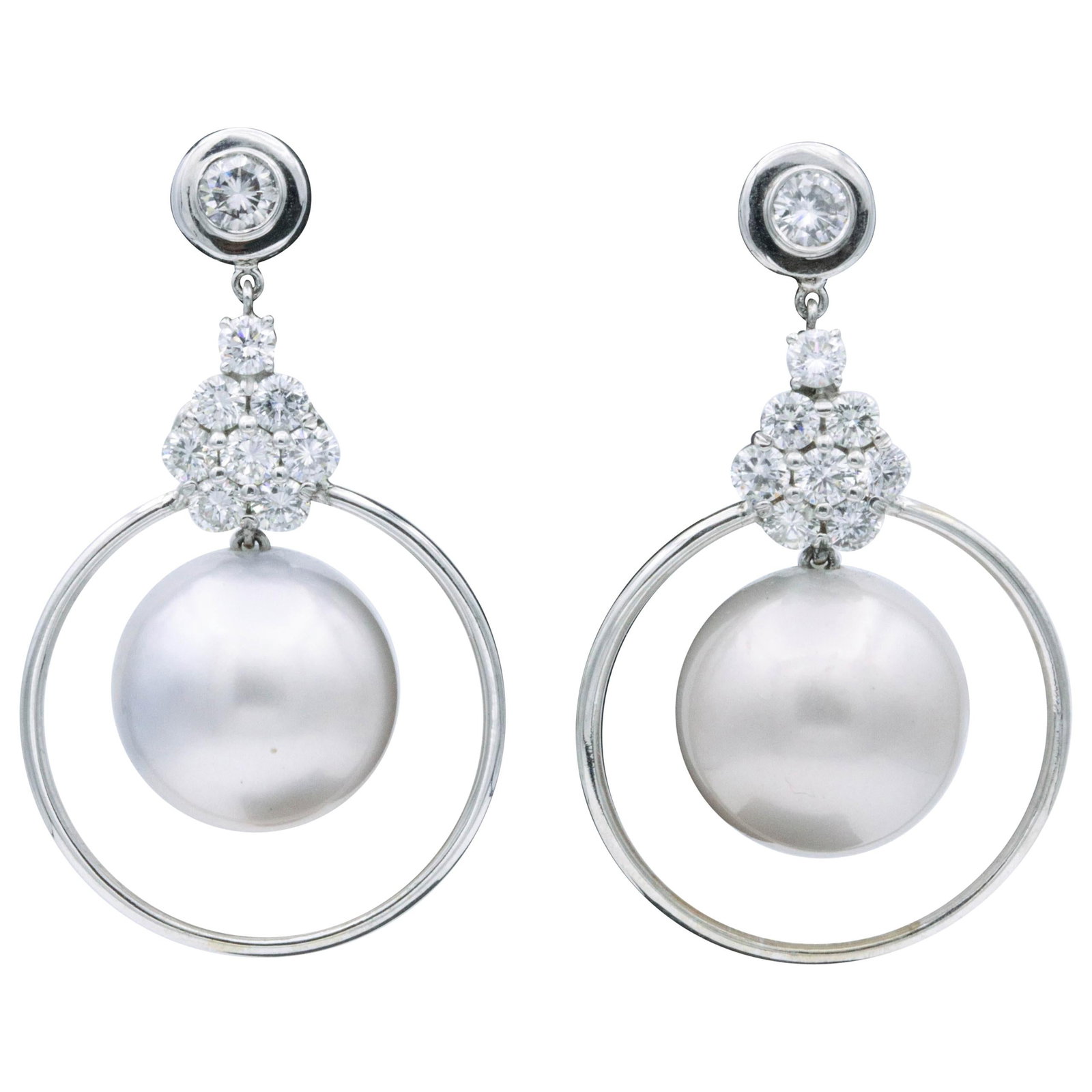 Harbor Diamonds 2.21ct Pearl Diamond Floral Drop Earrings 14K White Gold: Harbor Diamonds 2.21ct Pearl Diamond Floral Drop Earrings 14K White Gold Elegant and contemporary, these Pearl Diamond Floral Drop Hoop Earrings are crafted in 14K white gold. They feature 16 round br