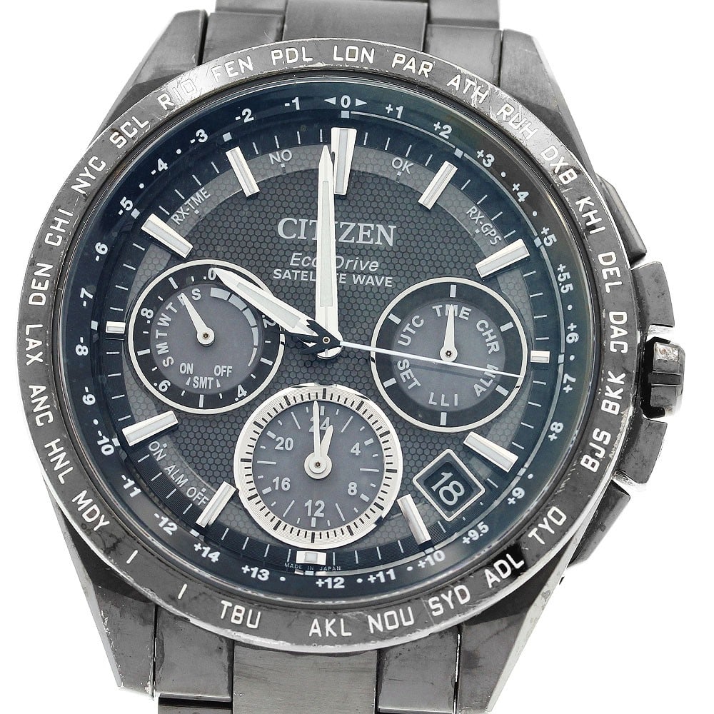 Citizen Attesa Satellite Wave Titanium Solar Radio Controlled Watch: Citizen Attesa Satellite Wave Titanium Solar Radio Controlled Watch This pre-owned CITIZEN Attesa Satellite Wave men's wristwatch features a titanium case and band with a black dial. The watch is powe