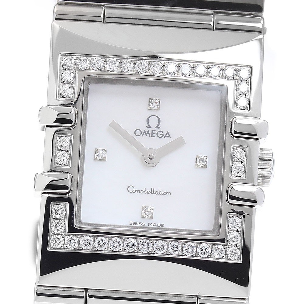 Omega Constellation Carre 1528.76 Quartz Diamond Bezel Ladies Watch: Omega Constellation Carre 1528.76 Quartz Diamond Bezel Ladies Watch This pre-owned OMEGA Constellation Carre wristwatch features a stainless steel case and bracelet, accented by a diamond bezel and fo