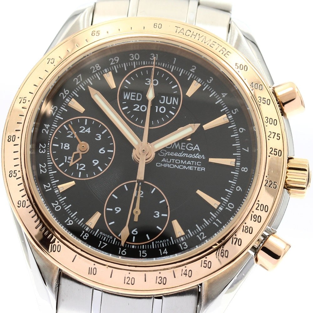 OMEGA Speedmaster Triple Calendar Automatic PG Bezel Wristwatch: OMEGA Speedmaster Triple Calendar Automatic PG Bezel Wristwatch This OMEGA Speedmaster 323.21.40.44.01.001 is a men's Swiss-made wristwatch featuring a triple calendar and automatic movement. It inclu
