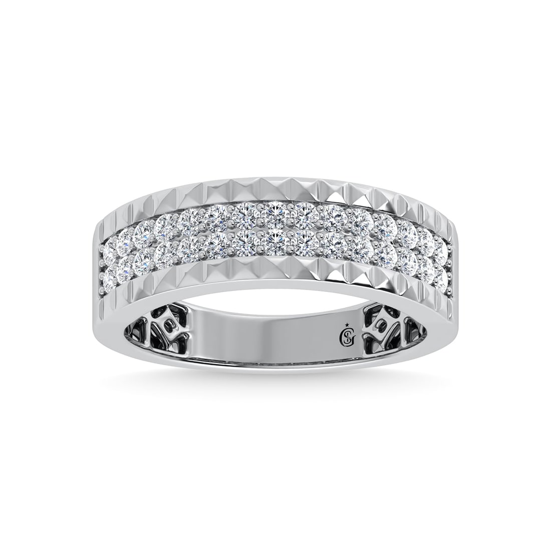 14K White Gold Diamond 1/2 Ct.Tw. Mens Band: 14K White Gold Diamond 1/2 Ct.Tw. Mens Band 14k White Gold Stone Color: G-h Stone Clarity: I1-i2 Each ring is presented in standard size 6.5. Complimentary resizing is available between sizes 510 (in 