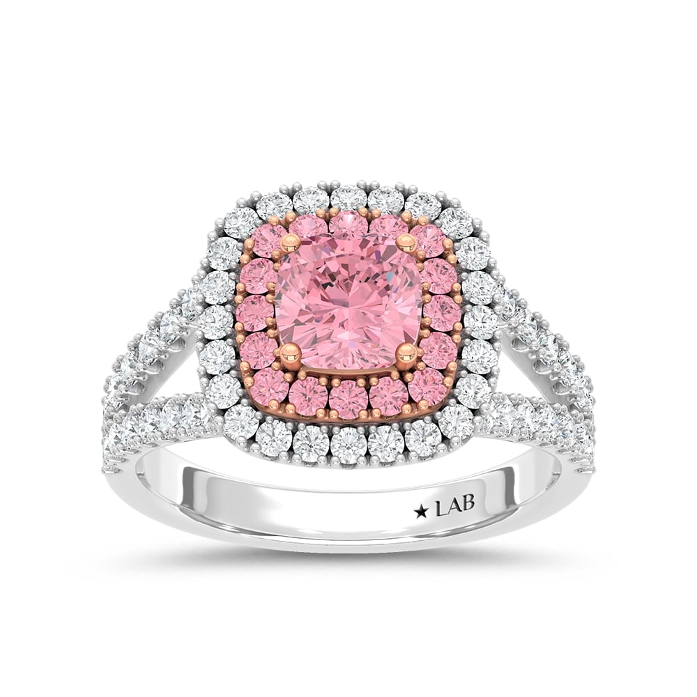 14K Two Tone Lab Grown Diamond 2 1/2 Ct.Tw. Pink Cushion Engagement Ring (Center 1 1/2ct): 14K Two Tone Lab Grown Diamond 2 1/2 Ct.Tw. Pink Cushion Engagement Ring (Center 1 1/2ct) Exude elegance with this 14K Two-Tone Gold Engagement Ring, featuring a 1 1/2-carat lab-grown pink cushion