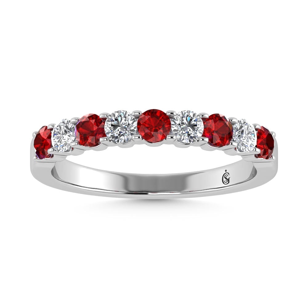 14K White Gold Machine Set Alternate Ruby and Diamond 7/8 Ct.Tw. Band: 14K White Gold Machine Set Alternate Ruby and Diamond 7/8 Ct.Tw. Band 14k White Gold Stone Color: G-h Stone Clarity: I2 Each ring is presented in standard size 6.5. Complimentary resizing is available