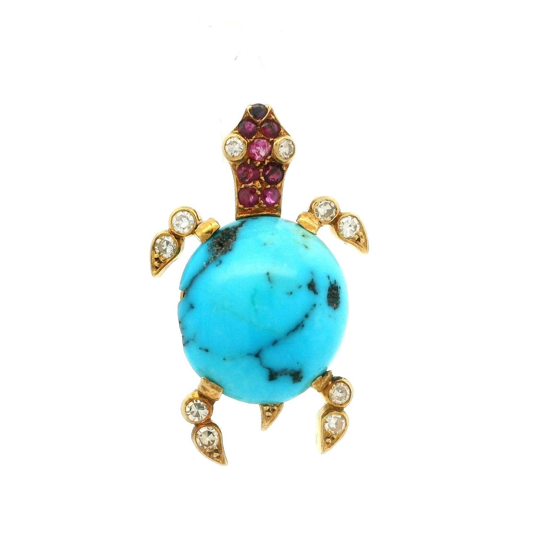 Antique French 18k Gold Turtle Brooch with Turquoise Diamonds and Rubies: Antique French 18k Gold Turtle Brooch with Turquoise Diamonds and Rubies This exquisite antique French turtle pin brooch pendant showcases a stunning combination of natural gemstones set in solid 18k 
