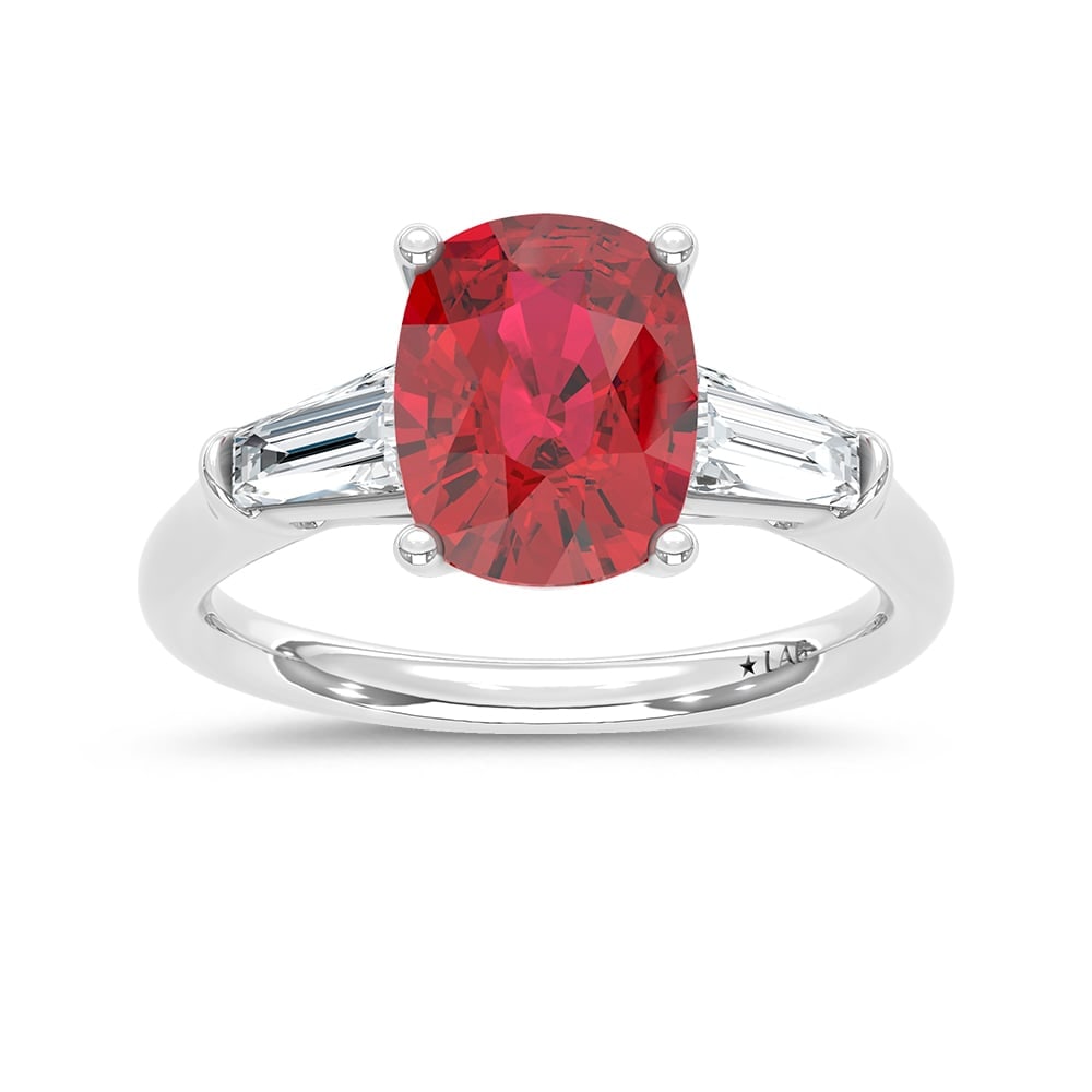 14K White Gold Lab Grown Diamond 3 3/4 Ct.Tw. Cushion Shape Recrystalized Ruby Engagement Ring: 14K White Gold Lab Grown Diamond 3 3/4 Ct.Tw. Cushion Shape Recrystalized Ruby Engagement Ring (Center 3 ct) Celebrate love with unmatched brilliance. This 14K white gold engagement ring showcases a