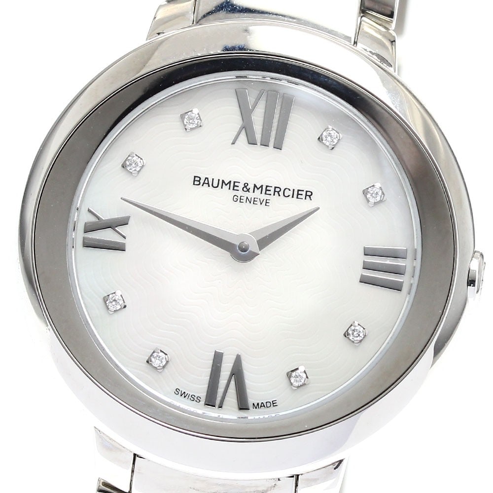 Baume Mercier Promesse quartz ladies stainless steel watch MOA10158: Baume Mercier Promesse quartz ladies stainless steel watch MOA10158 This Baume & Mercier Promesse MOA10158 ladies wristwatch features a stainless steel case and bracelet, complemented by a white mothe