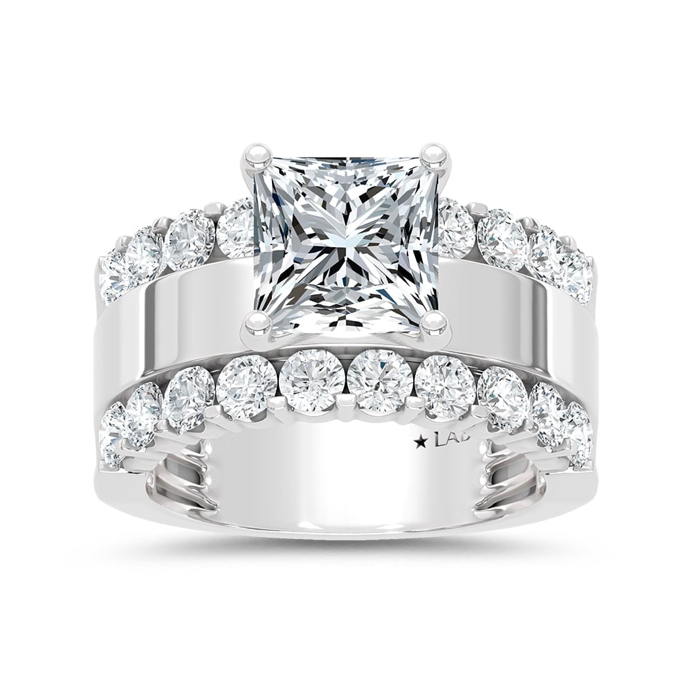 14K White Gold 3 1/2 Ct.Tw. Lab Grown Diamond Princess Shape Engagement Ring (IGI Certified Center: 14K White Gold 3 1/2 Ct.Tw. Lab Grown Diamond Princess Shape Engagement Ring (IGI Certified Center 2ct) 14k White Gold Stone Color: D-f Stone Clarity: Vs Each ring is presented in standard size 6.5.