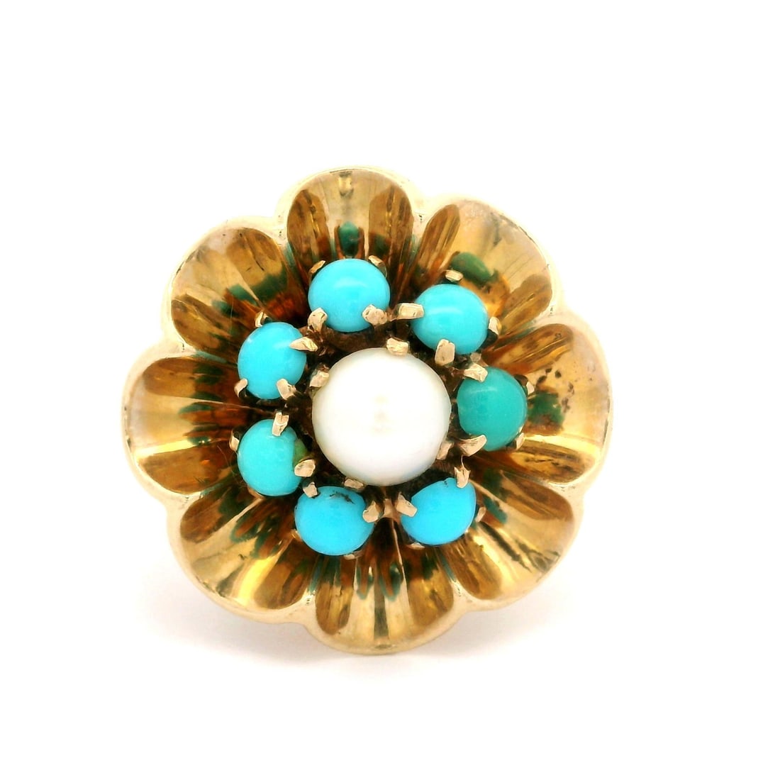 Vintage 9K Yellow Gold Turquoise Mabe Pearl Flower Ring: Vintage 9K Yellow Gold Turquoise Mabe Pearl Flower Ring This exquisite English handmade ring features a stunning floral design crafted from solid 9K yellow gold. The centerpiece showcases a beautiful 