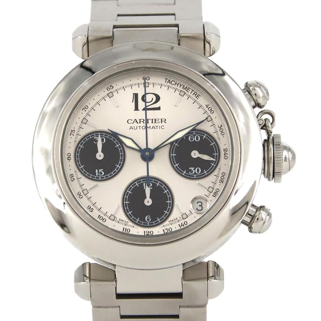 Cartier Pasha C W31048M7 automatic chronograph watch 36mm: Cartier Pasha C W31048M7 automatic chronograph watch 36mm Cartier Pasha C chronograph automatic wristwatch with a stainless steel case and silver and black dial. It is a pre-owned unisex watch made in