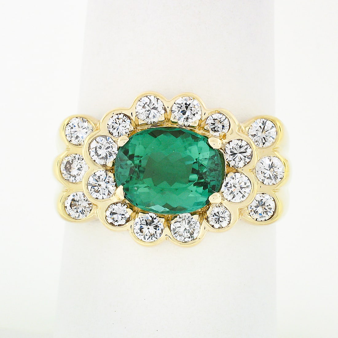 14K Yellow Gold 3.42ctw Sideways Oval Tourmaline Diamond Cocktail Ring: 14K Yellow Gold 3.42ctw Sideways Oval Tourmaline Diamond Cocktail Ring This stunning cocktail ring showcases a beautiful prong-set oval tourmaline at its center, measuring approximately 8.80 x 7.21 mm