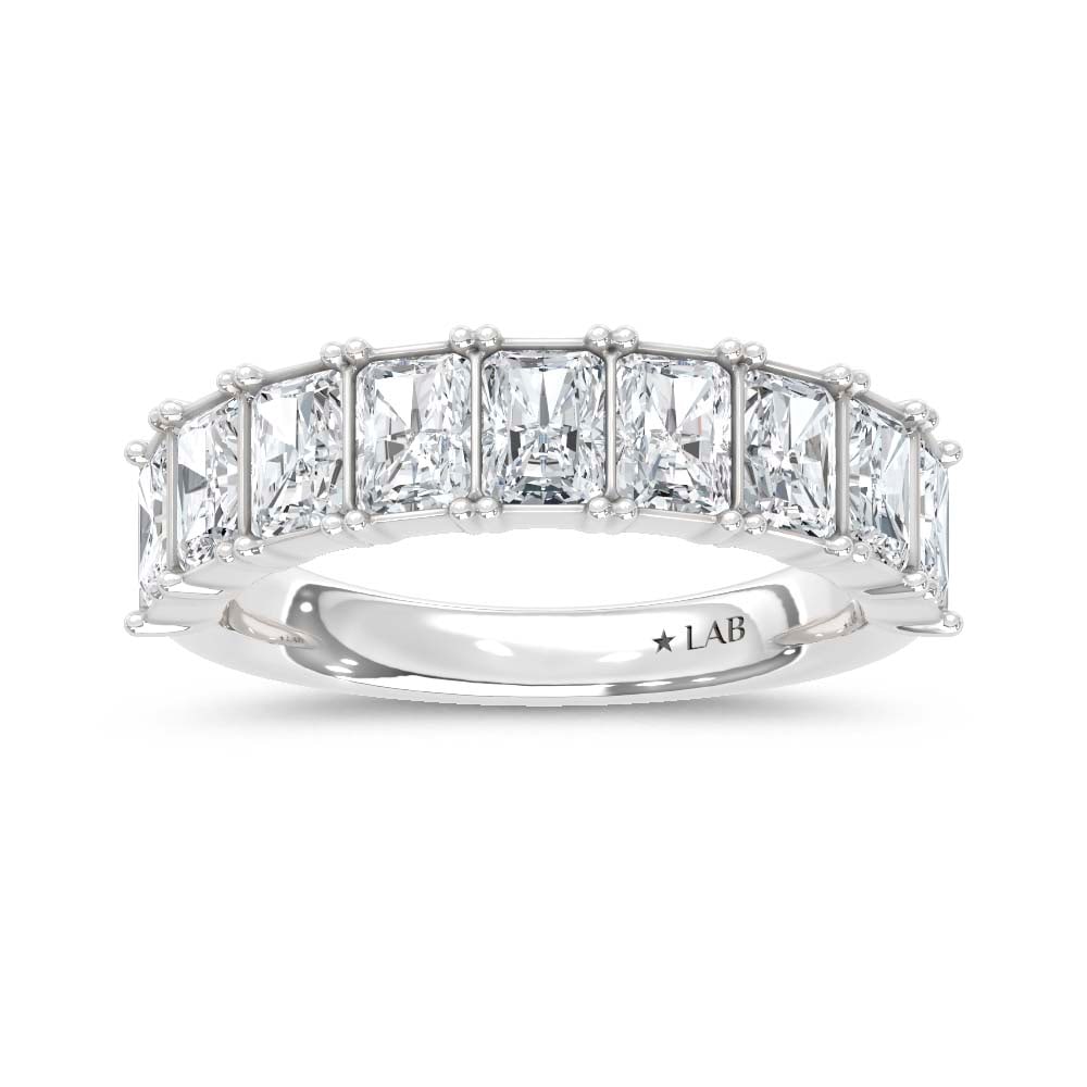 14K White Gold Lab Grown Diamond Radiant Cut Shape 2 1/2 Ct.Tw. Half Way Band: 14K White Gold Lab Grown Diamond Radiant Cut Shape 2 1/2 Ct.Tw. Half Way Band 14k White Gold Stone Color: D-f Stone Clarity: Vs Each ring is presented in standard size 6.5. Complimentary resizing is