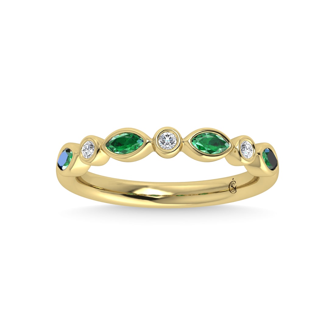 14K Yellow Gold Diamond 3/8 Ct.Tw. Bezel Set Round and Emerald Band: 14K Yellow Gold Diamond 3/8 Ct.Tw. Bezel Set Round and Emerald Band 14k Yellow Gold Stone Color: G-h Stone Clarity: Si2 Each ring is presented in standard size 6.5. Complimentary resizing is available