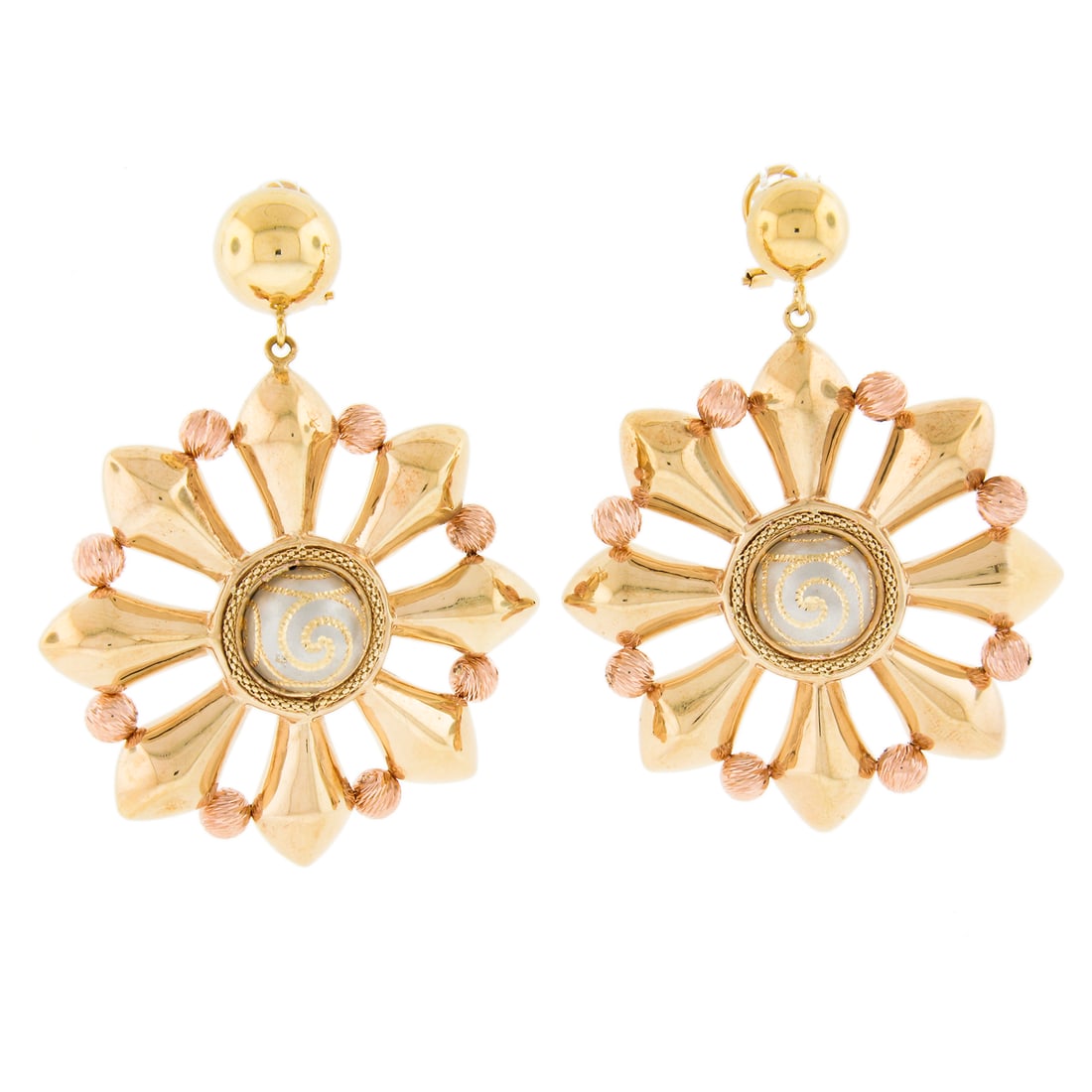 Vintage Flower Dangle Earrings 17-18K Tri Color Gold Omega Back: Vintage Flower Dangle Earrings 17-18K Tri Color Gold Omega Back Large vintage dangle/drop earrings with a flower-inspired puffed electroformed design and diamond-cut finish. Crafted in tri-color solid