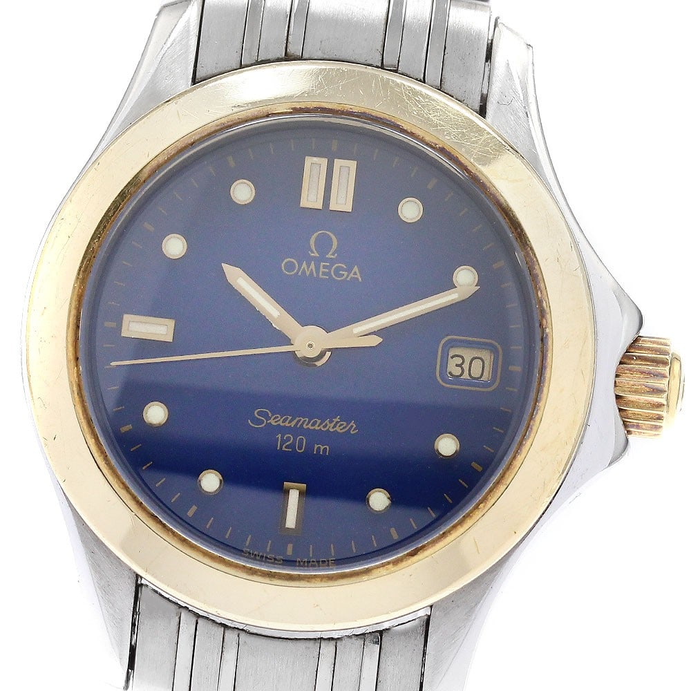 Omega Seamaster 120 Quartz Date Ladies Watch 2371.81: Omega Seamaster 120 Quartz Date Ladies Watch 2371.81 This pre-owned Omega Seamaster 120 Date Quartz ladies wristwatch features a stainless steel and yellow gold case with a navy dial. The watch is equ