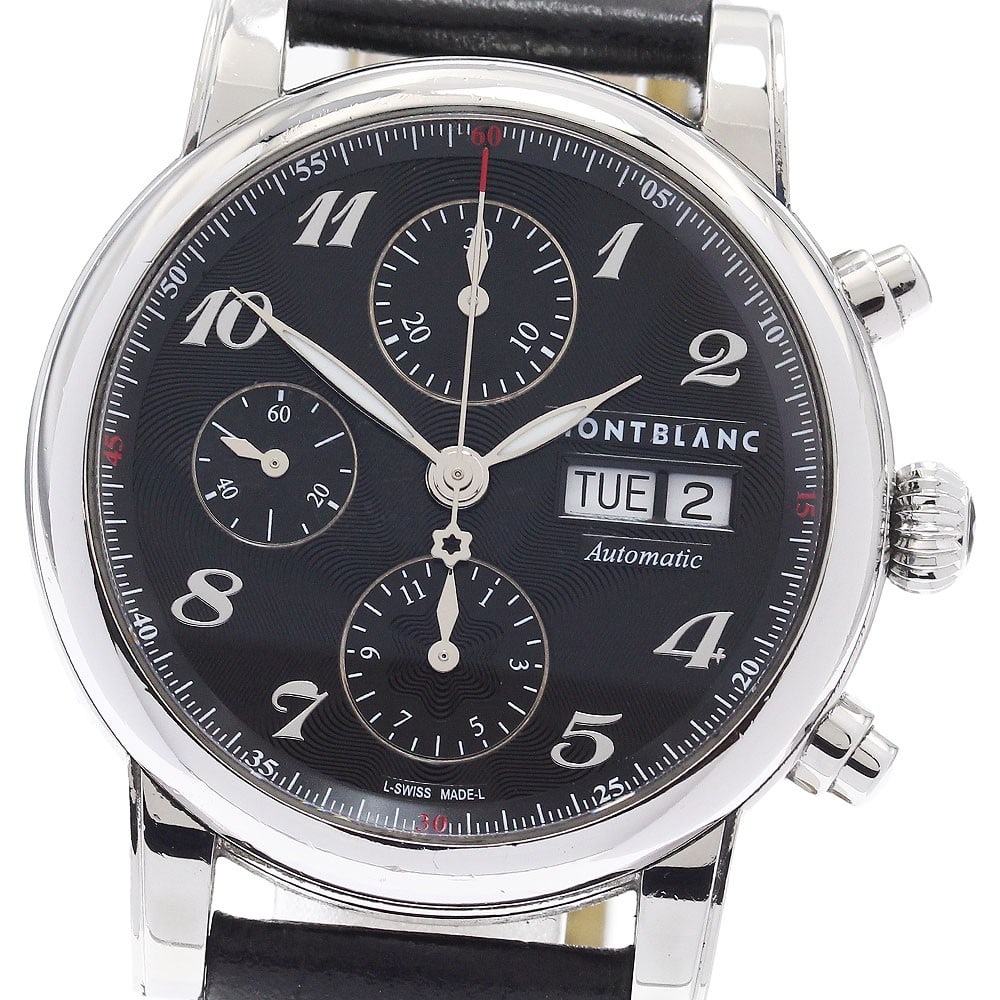 Montblanc Meisterstuck Day-Date Chronograph Men's Wristwatch 7201: Montblanc Meisterstuck Day-Date Chronograph Men's Wristwatch 7201 This is a Montblanc Meisterstuck Chronograph Day-Date wristwatch designed for men. Crafted in Switzerland, this timepiece features bot