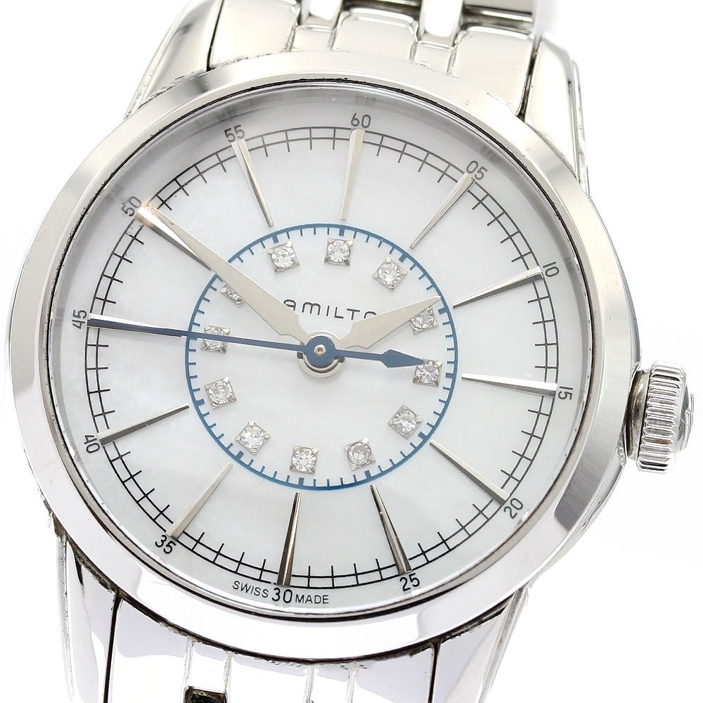 Hamilton Railroad Quartz White Shell Ladies Watch H403110: Hamilton Railroad Quartz White Shell Ladies Watch H403110 This Hamilton H403110 Railroad Quartz women's wristwatch features a stainless steel case and bracelet with a white shell dial. The watch opera
