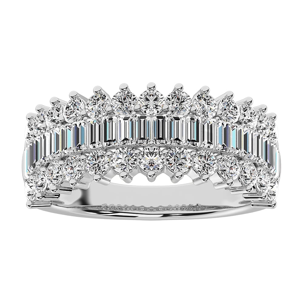 14K White Gold 1 1/2 Ct.Tw. Diamond Round and Baguette Set Fashion Band: 14K White Gold 1 1/2 Ct.Tw. Diamond Round and Baguette Set Fashion Band 14k White Gold Stone Color: G-h Stone Clarity: I1 Each ring is presented in standard size 6.5. Complimentary resizing is
