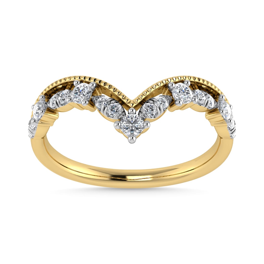 Diamond 1/5 Ct.Tw. Chevron Band in 10K Yellow Gold: Diamond 1/5 Ct.Tw. Chevron Band in 10K Yellow Gold 10k Yellow Gold Stone Color: G-h Stone Clarity: I1 Each ring is presented in standard size 6.5. Complimentary resizing is available between sizes 510