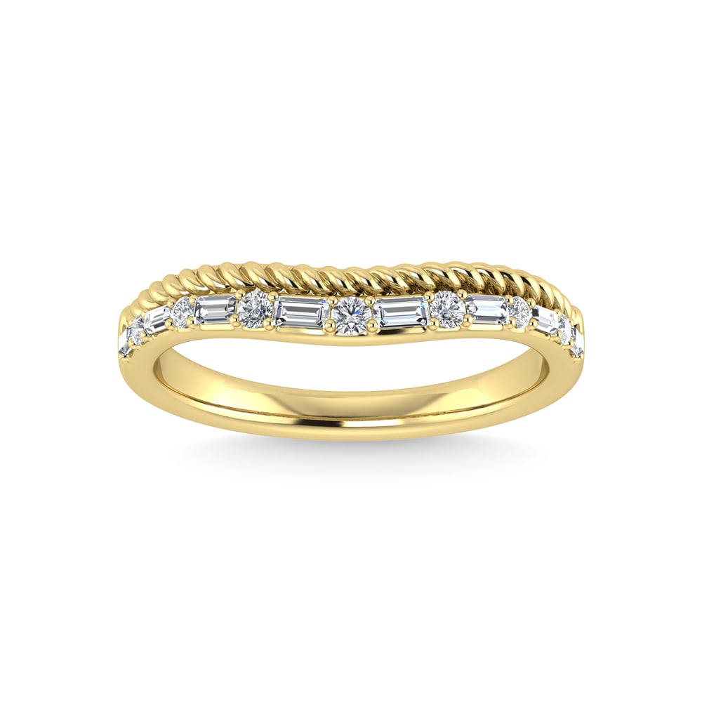 14K Two Tone Diamond 1/5 Ct.Tw. Curve Band: 14K Two Tone Diamond 1/5 Ct.Tw. Curve Band 14k Two Tone Stone Color: G-h Stone Clarity: I1 Each ring is presented in standard size 6.5. Complimentary resizing is available between sizes 510 (in 1/4 in