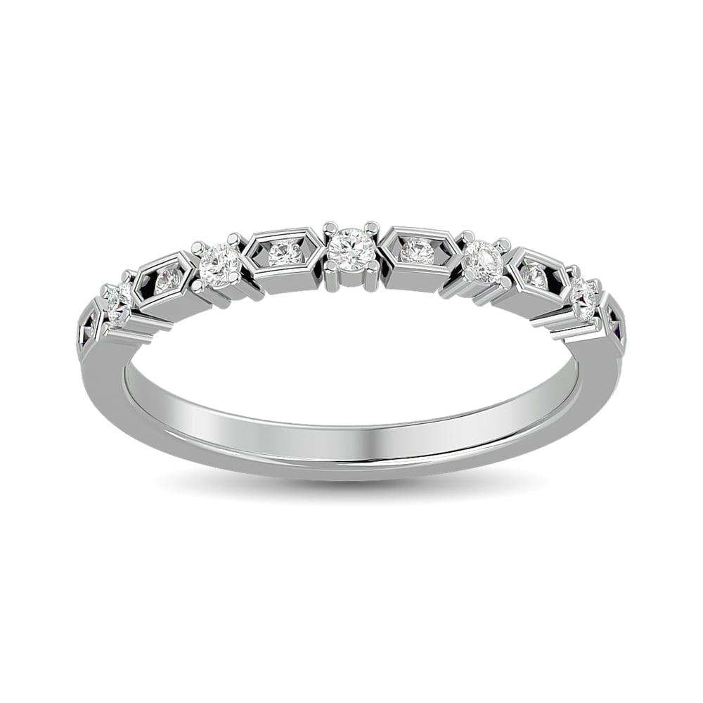 Diamond Stackable Band 1/6 Ct.tw in 14K White Gold: Diamond Stackable Band 1/6 Ct.tw in 14K White Gold 14k White Gold Stone Color: Gh Stone Clarity: Si2 Each ring is presented in standard size 6.5. Complimentary resizing is available between sizes 510 