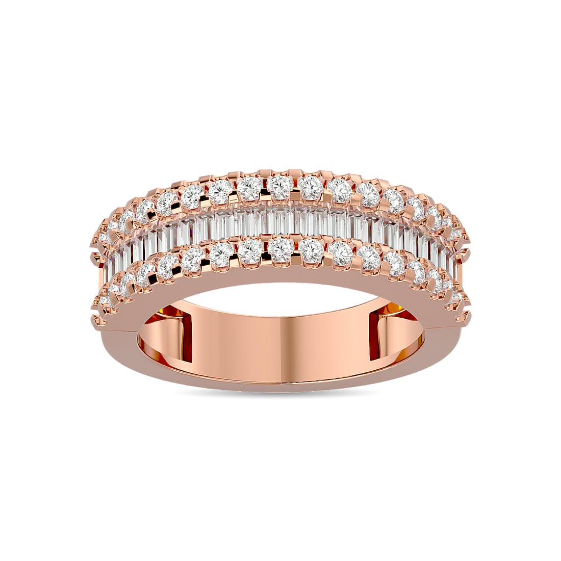 Diamond 1 Ct.Tw. Round and Baguette Fashion Band in 10K Rose Gold: Diamond 1 Ct.Tw. Round and Baguette Fashion Band in 10K Rose Gold 10k Rose Gold Stone Color: G-h Stone Clarity: I1 / I2 Each ring is presented in standard size 6.5. Complimentary resizing is available