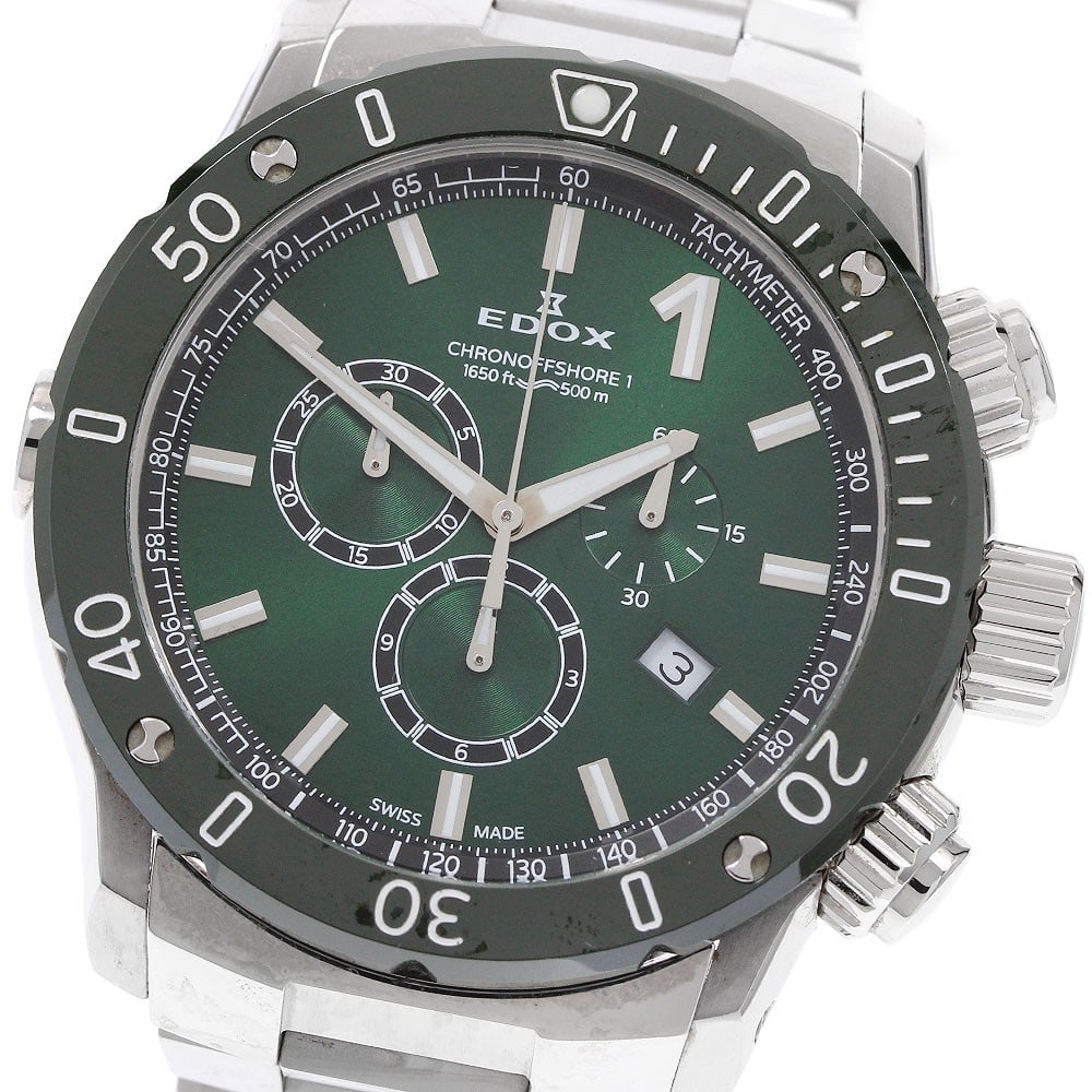 EDOX Chrono Offshore 1 Green Dial Quartz Chronograph Watch: EDOX Chrono Offshore 1 Green Dial Quartz Chronograph Watch This EDOX Chrono Offshore 1 men's wristwatch features a robust stainless steel case and band with a striking green dial. The watch operates o