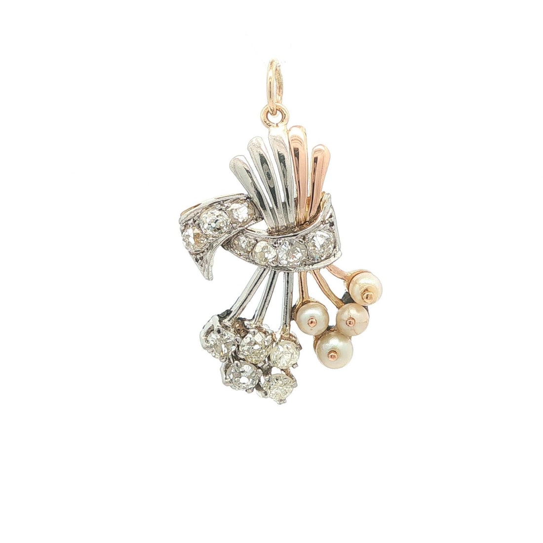 Antique 14k Rose Gold Platinum Floral Pendant with Diamonds and Pearls: Antique 14k Rose Gold Platinum Floral Pendant with Diamonds and Pearls Antique floral bouquet pendant crafted in solid 14k rose gold with .800+ platinum accents, set with natural old mine cut diamonds