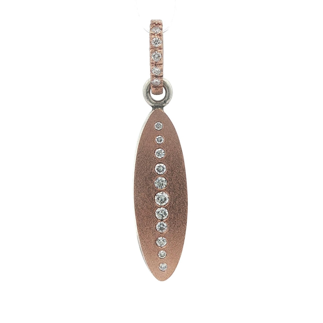 Rene Escobar 18k Rose Gold Diamond Florentine Pendant 0.26ctw: Rene Escobar 18k Rose Gold Diamond Florentine Pendant 0.26ctw This exquisite long oval pendant showcases a beautiful combination of solid sterling silver and 18k rose gold. Adorned with 16 natural gen