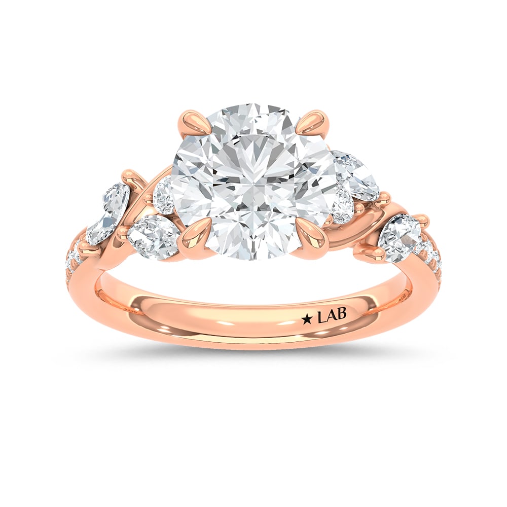 14K Rose Gold Lab Grown Diamond 3 Ct.Tw. Round Shape Engagement Ring (IGI Certified Center 2 1/2ct)