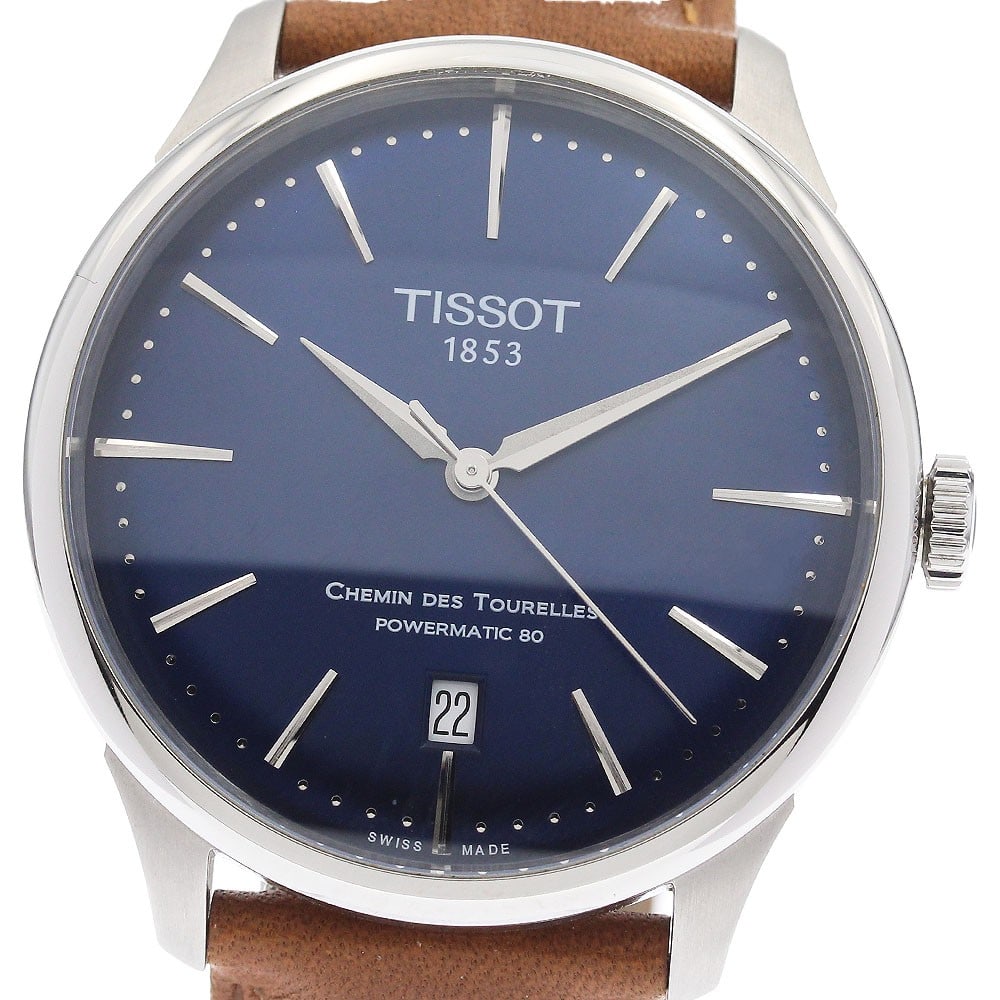 Tissot Chemin des Tourelles Blue Dial Automatic Date Watch: Tissot Chemin des Tourelles Blue Dial Automatic Date Watch This TISSOT Chemin des Tourelles Powermatic 80 Date wristwatch features a stainless steel case paired with a blue dial and a leather bracelet