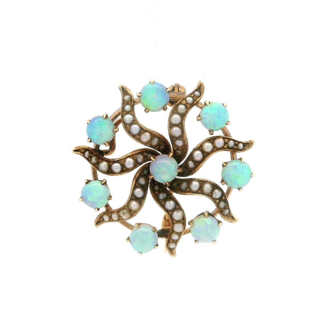 Antique Yellow Gold Opal Seed Pearl Swirl Brooch 13-14K: Antique Yellow Gold Opal Seed Pearl Swirl Brooch 13-14K This exquisite antique brooch features a captivating swirl design, showcasing eight natural genuine opals in a round cabochon cut, prong set to 