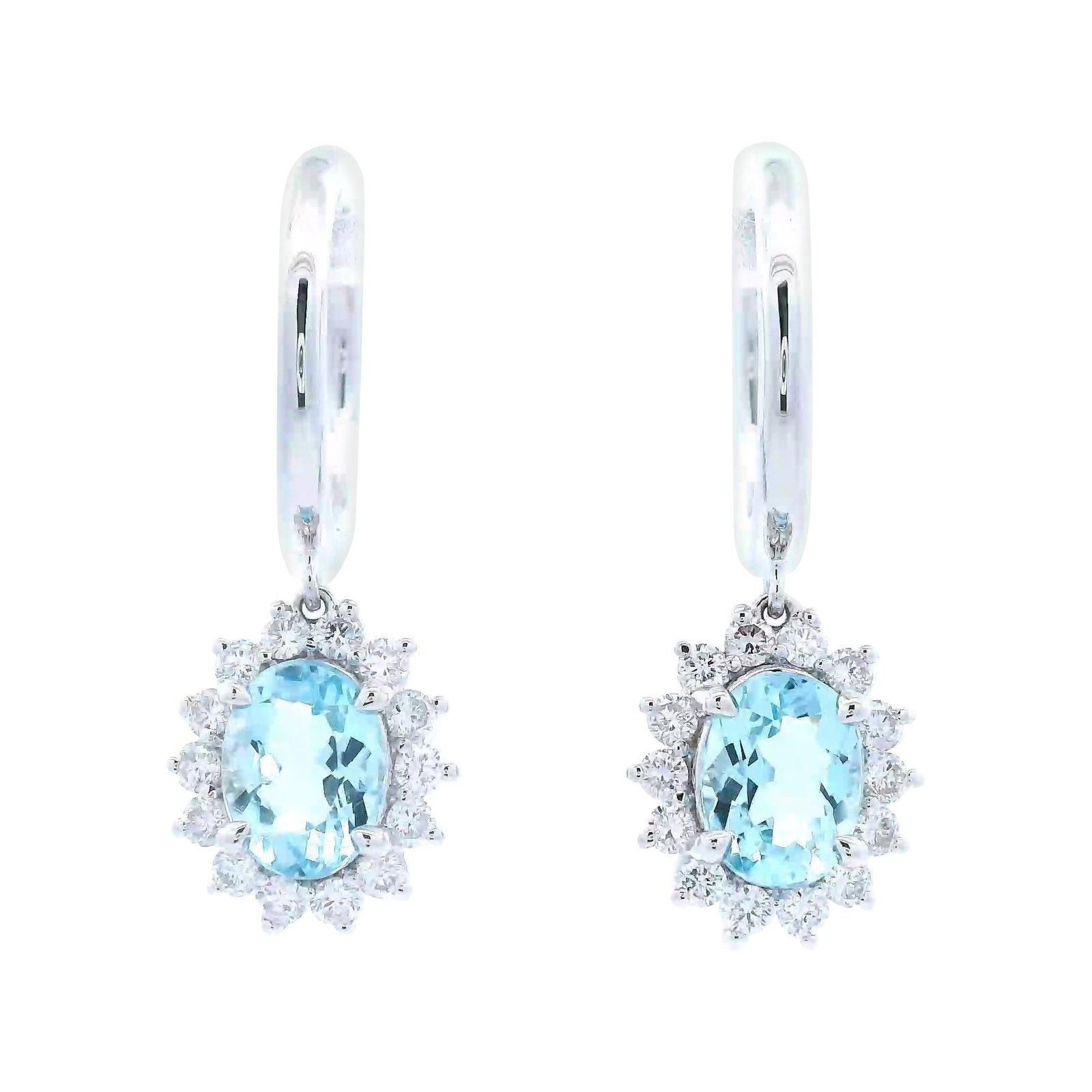 14K White Gold 2.87ct Aquamarine Diamond Drop Earrings: 14K White Gold 2.87ct Aquamarine Diamond Drop Earrings Adorn yourself with these exquisite drop earrings featuring a stunning combination of aquamarine and diamonds. Crafted from 14k white gold, these