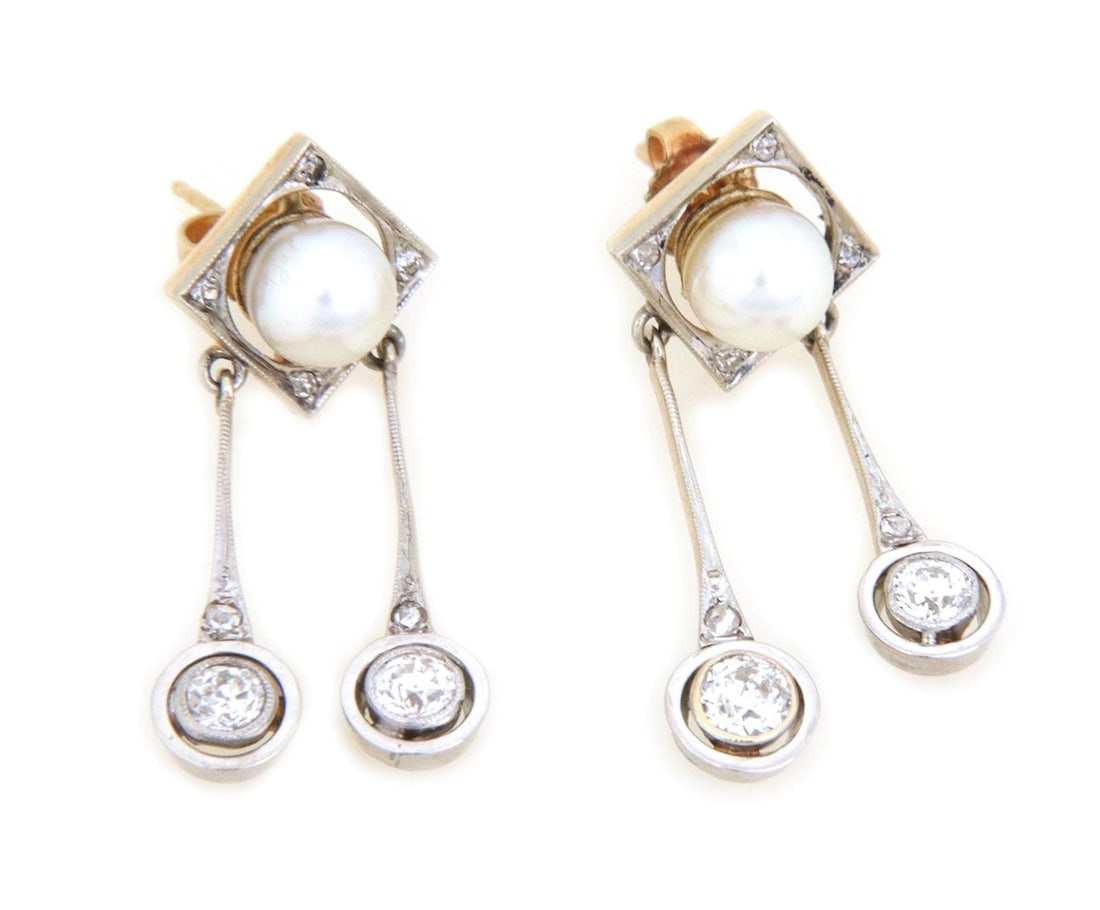 Art Deco Platinum 14k Yellow Gold Dangle Earrings with Diamonds and Pearls