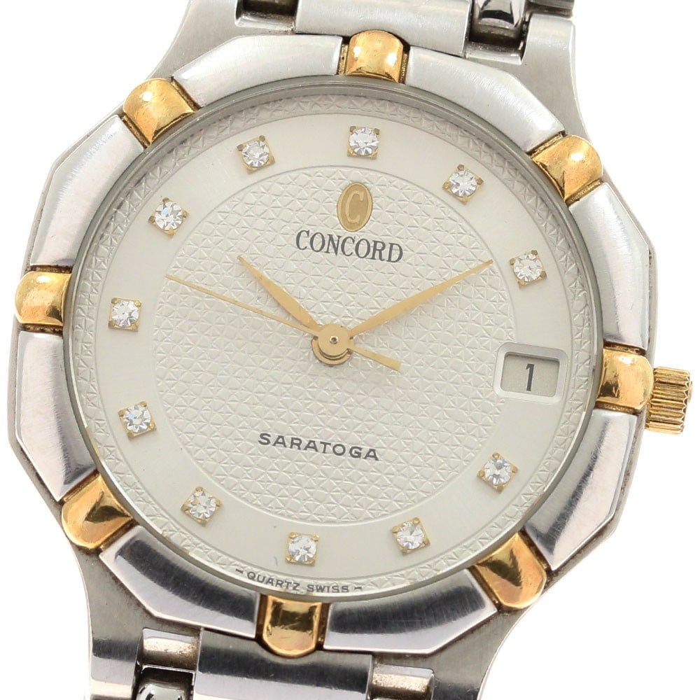 Concord Saratoga Quartz Date Men's Wristwatch 15.14.247/G: Concord Saratoga Quartz Date Men's Wristwatch 15.14.247/G This Concord Saratoga men's wristwatch features a quartz movement and a stainless steel case with gold plating accents. The beige dial include