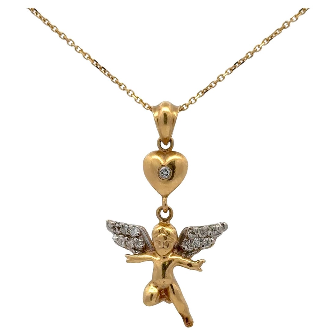 14K Yellow Gold Diamond Angel Heart Pendant Necklace 0.15 Carats: 14K Yellow Gold Diamond Angel Heart Pendant Necklace 0.15 Carats This exquisite Diamond Angel Heart Pendant Necklace is crafted from 14K yellow gold and features a charming angel design. The pendant s